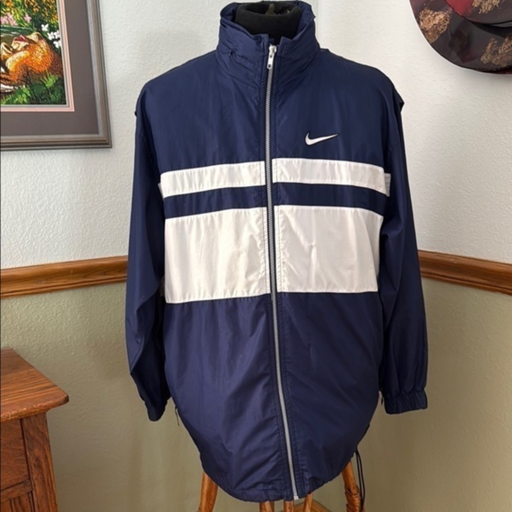Vintage mens Nike Navy & White Colorblock Hooded Windbreaker M/L
